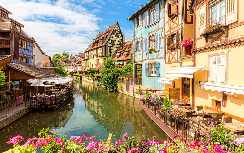 Colmar street, water channel, french cities, Alsace, France, Europe, HD wallpaper