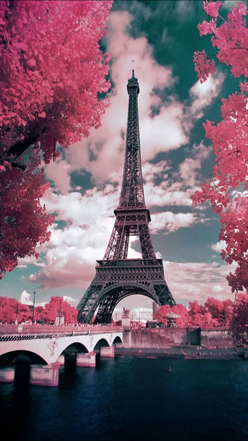 Eiffel Tower, cloudy, pink, HD phone wallpaper