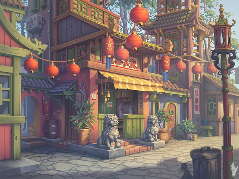 China Town, pretty, house, scenic, lovely, lantern, bonito, sweet, building, fantasy, nice, oriental, beauty, chinese, scenery, realistic, scene, HD wallpaper