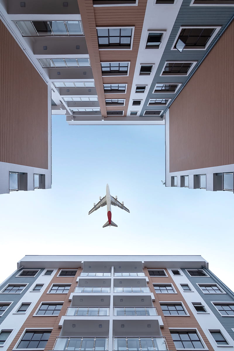 buildings, sky, plane, bottom view, architecture, HD phone wallpaper