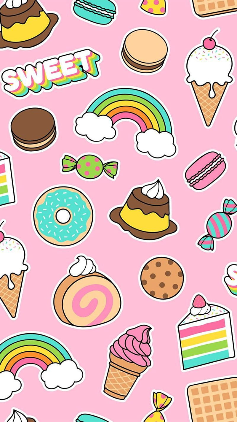Sweets, cake, candy, cute, donuts, icecream, peanuts, pink, waffles, HD phone wallpaper