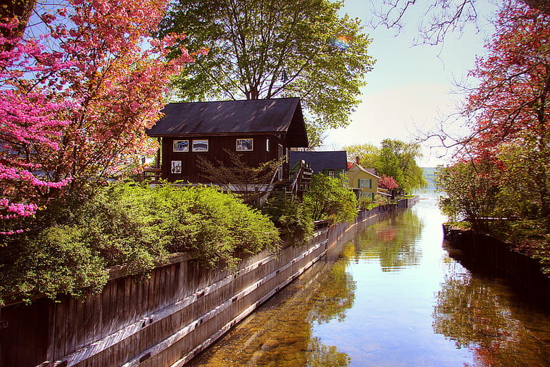 Living on the Waterway, cottages, water, outlet, color, reflections, HD wallpaper