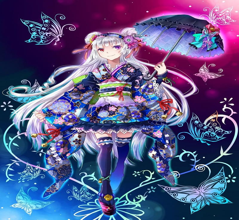 Sweet Kimono Girl, pretty, umbrella, bonito, ribbons, woman, sweet, multicolor, anime, beauty, long hair, pink, blue, art, fiusha, female, lovely, butterflies, kimono, cute, girl, purple, lady, white, HD wallpaper