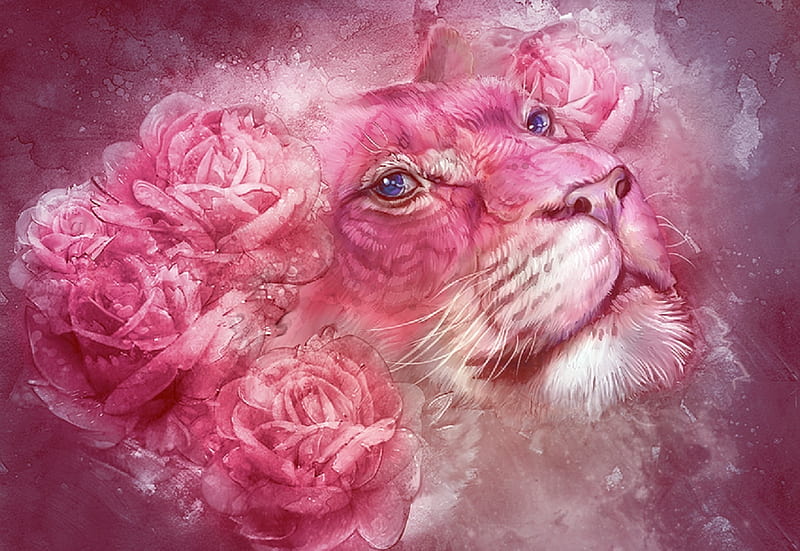 Pink Lion, art, pretty, fantasy, digital, bonito, roses, pink, lion, HD wallpaper