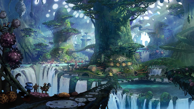 Elf Village, art, tree, fantasy, house, elf, village, orginal, scenery, HD wallpaper