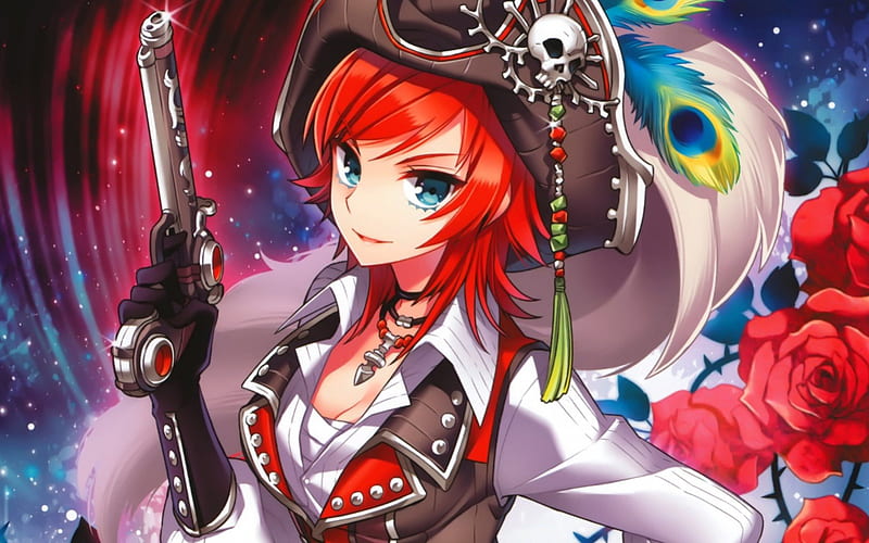 Pirate, pretty, bonito, nice, gloves, gun, anime, feather, flowers, beauty, anime girl, weapon, blue eyes, night, stars, female, red hair, sky, sexy, roses, hat, short hair, cool, awesome, skull, HD wallpaper