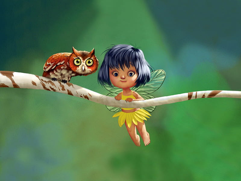 The Owl and the little Pixxi, owl, faery, fee, black hair fairy, fairy, pixxi, other, HD wallpaper