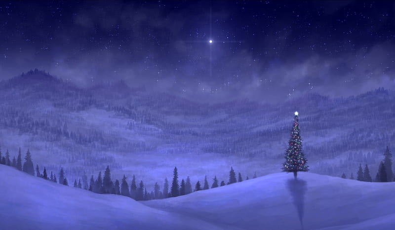 Winter night, luminos, craciun, christmas, winter, tree, fantasy, snow ...