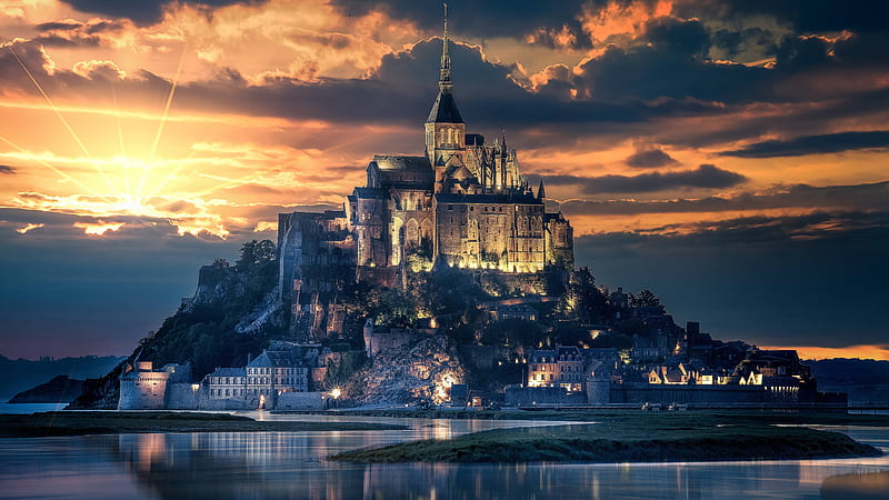mont saint-michel island, castle, sunset, scenic, Landscape, HD wallpaper