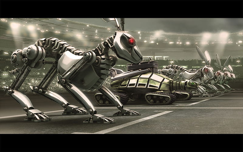 The race..., rabbit, robots, future, tortoise, HD wallpaper | Peakpx