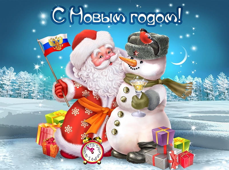 ღ.Christmas from Russia.ღ, pretty, christmas from russia, snowy, xmas, greetings, sweet, russia, love, anime, siempre, beauty, lovely, hats, christmas, happiness, white trees, celebration, champagne cheer, new year, winter, cute, delightful, glass, cool, snow, entertainment, scarf, white, gifts, ornaments, red, festival, colorful, holidays, jolly, bonito, seasons, santa claus, moon, party time, decorations, friends, blue, stars, colors, clock, winter time, christmas trees, snowman, flag, gift boxes, snowflakes, russian, funny, HD wallpaper