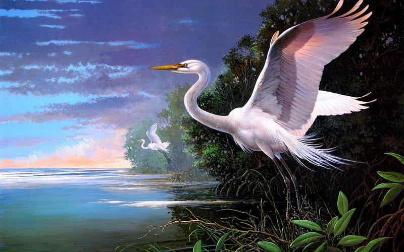 Herons, art, wings, heron, lake, fly, water, green, bird, les didier, feather, painting, white, blue, HD wallpaper
