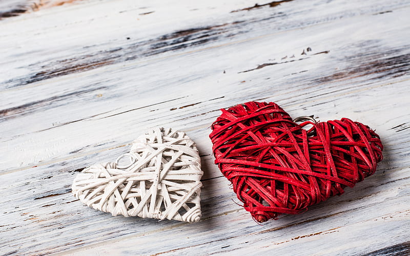 Two hearts, Valentines Day, February 14, romance, woven hearts, red wicker heart, HD wallpaper