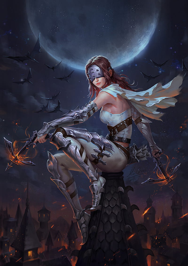 Wenfei Ye, women, brunette, bats, city, Diablo 3: Reaper of Souls, armor, mask, Diablo, Diablo III, HD phone wallpaper