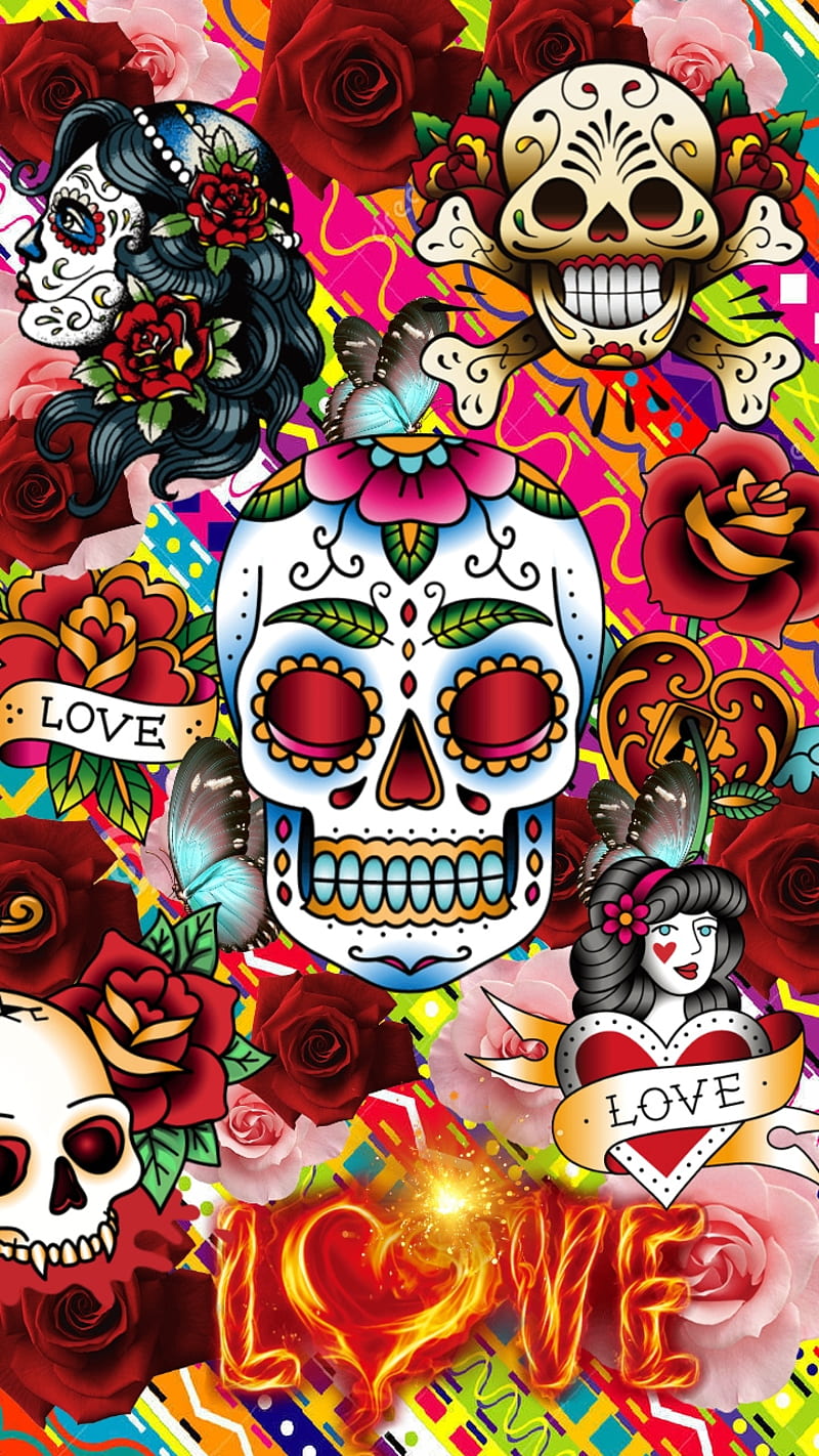 All Fired Up, colorful, dead, girl, love, pink, red, roses, skull, sugar, HD phone wallpaper