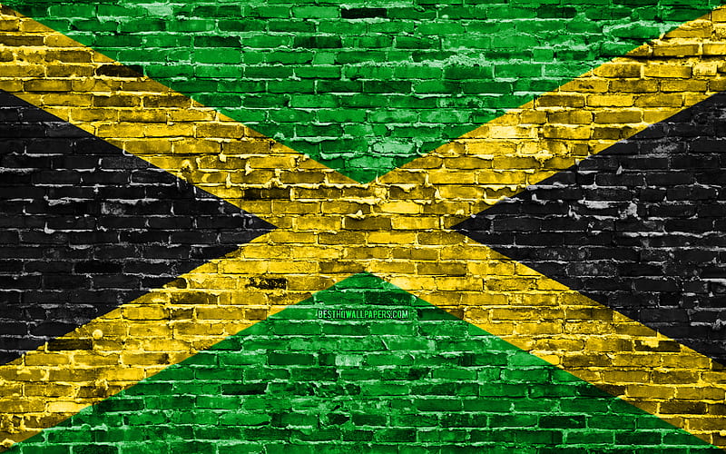 Jamaican flag, bricks texture, North America, national symbols, Flag of Jamaica, brickwall, Jamaica 3D flag, North American countries, Jamaica, HD wallpaper