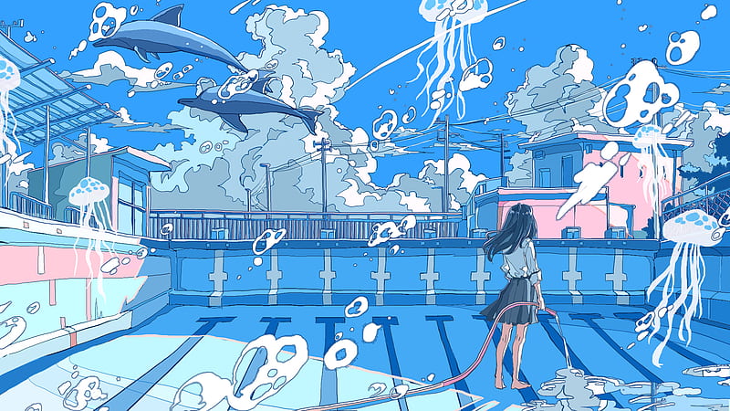 Black Hair Dolphin Jellyfish Girl Anime, HD wallpaper