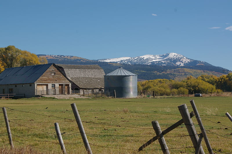 Farm in the Fall, Victor, Idaho, Mountains, Farms, Scenic, Fields, Snow, HD wallpaper