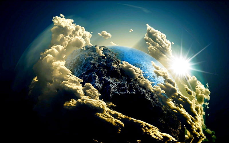 EARTH COVERED by CLOUDS, art, sun, MOUNTAIN, planet, LAND, earth, clouds, CLOUD, HD wallpaper