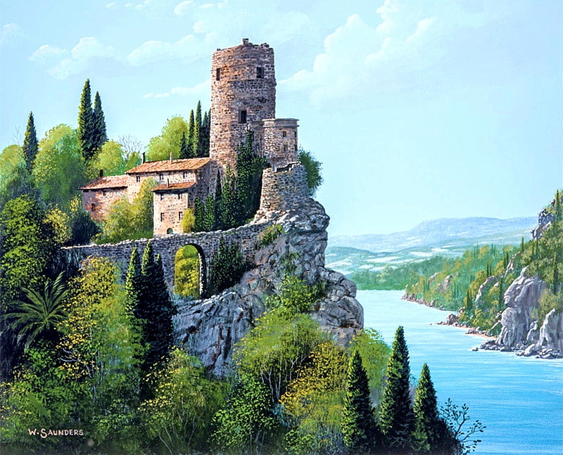 Old Castle in the Sky, towers, mountains, painting, river, trees, artwork, landscape, HD wallpaper