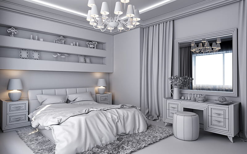gray stylish bedroom interior, modern interior design, classic style bedroom, bedroom in gray, bedroom project, HD wallpaper