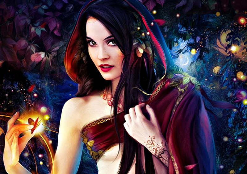 Taruteroi, red, art, yayashin, legend of the cryptids, game, yellow, woman, fantasy, girl, dark, magical, blue, HD wallpaper