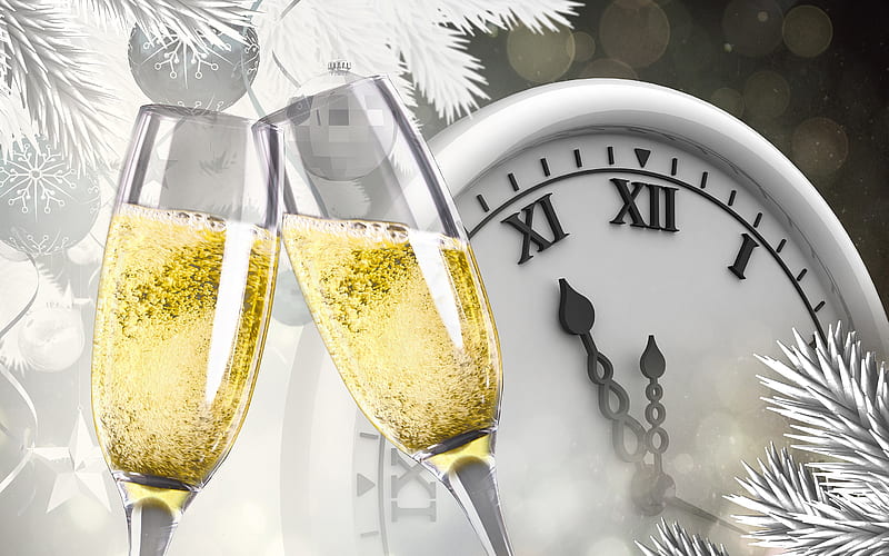New Year, art, clock, midnight, champagne, glasses, 3d art, HD wallpaper