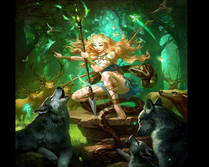 Queen Of The Forest, Fairies, Deer, Woman, Wolves, Birds, HD wallpaper