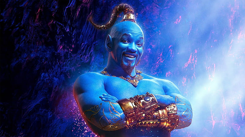 Aladdin 2019, fantasy, movie, man, genie, actor, blue, disney, poster, Will Smith, aladdin, HD wallpaper