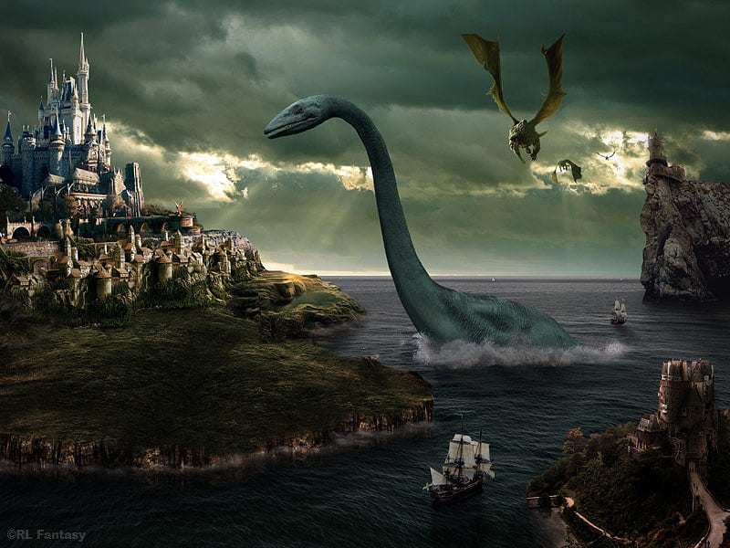 Fantasy Castle, fantasy, water, island, castle, reptile, snake, HD wallpaper