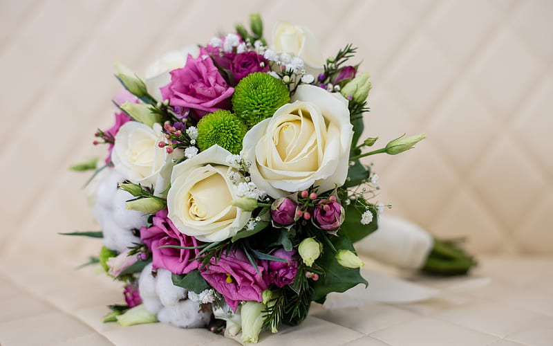 wedding bouquet white roses, purple roses, bridal bouquet, roses, wedding, HD wallpaper