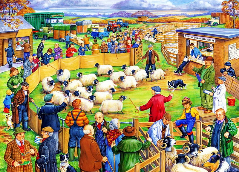 Sheep Auction, fence, carros, tractor, dog, People, HD wallpaper