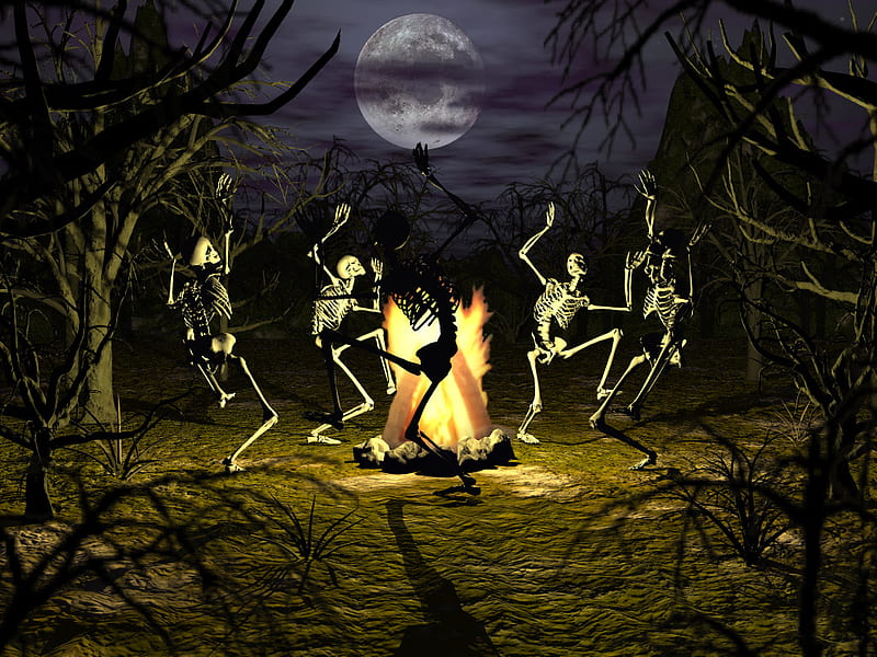 Bone dance, skeleton, halloween, conjuring, dancing, gothic full moon, scary, skeletons, bones, undead, haunted, campfire, trees, abstract, coven, 3d, HD wallpaper