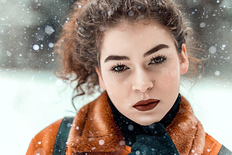 woman, snow, winter, dark lipstick, model, fashion, face portrait, Girls, HD wallpaper