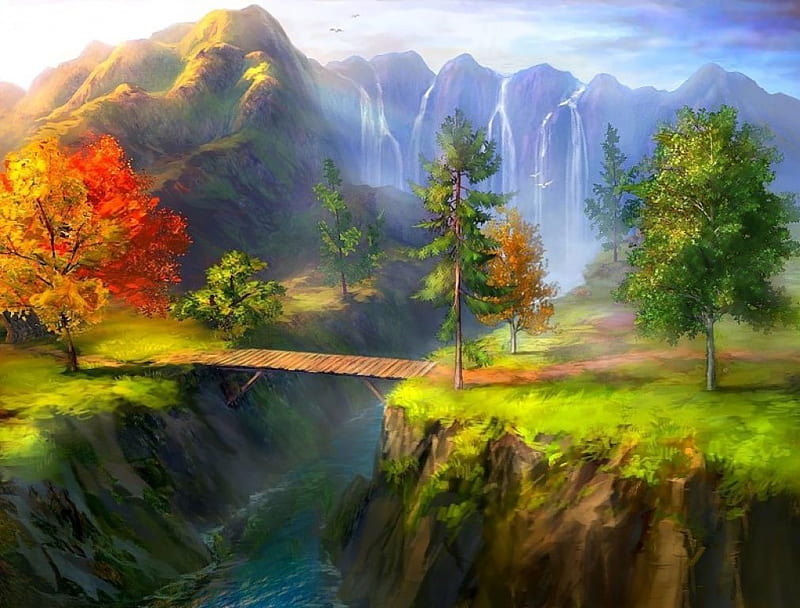 Great landscape, art, bridge, mountains, landscapes, painting, galore, fantasy art, waterfalls, HD wallpaper
