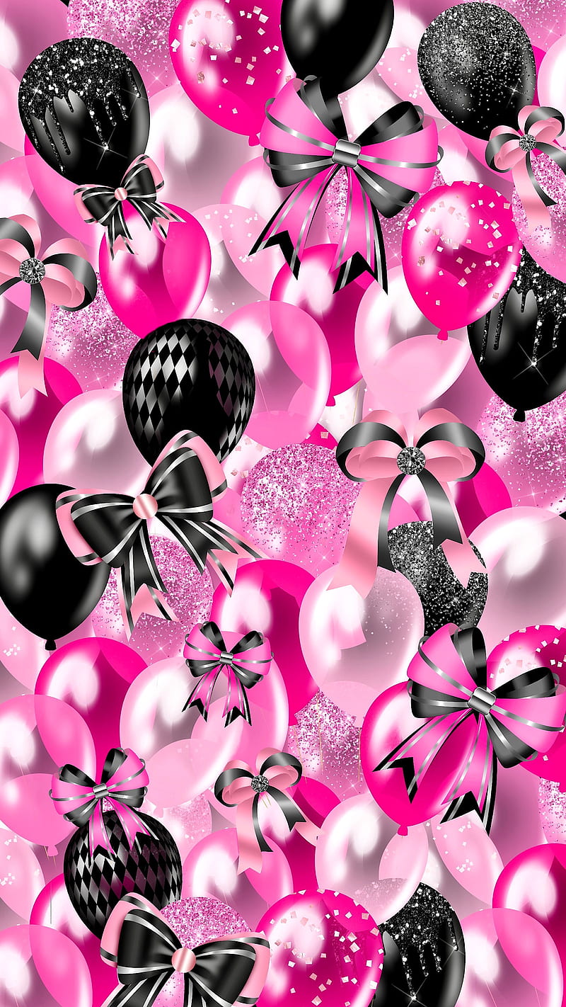 Pink & Black Balloons, birtay , bridesmaid , celebrate, girl , party, pink and black, ribbons, wedding, HD phone wallpaper