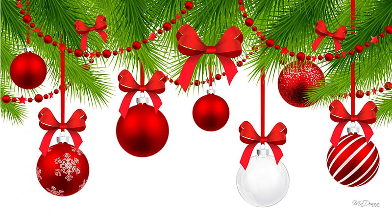 Bows and Balls Holiday, red, Christmas, Feliz Navidad, New Years, greenery, ribbons, bows, green, Christmas, decorations, fir, white, spruce, HD wallpaper