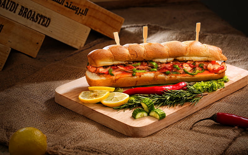 sandwich fastfood, bokeh, sandwich with shrimps, seafood, HD wallpaper