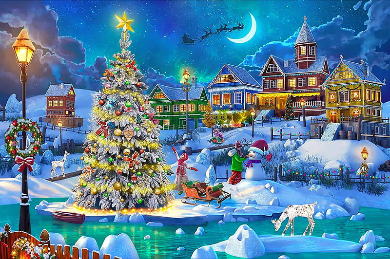 Snow Scene in Christmas, Christmas, art, holiday, town, fun, joy, snowman, Santa, eve, winter, tree, snow, village, kids, scene, night, children, HD wallpaper