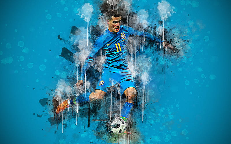 Philippe Coutinho Brazilian footballer, art, creative portrait, bright colorful splashes, paint art, blue background, Brazil national football team, blue uniform, Brazil, football, HD wallpaper