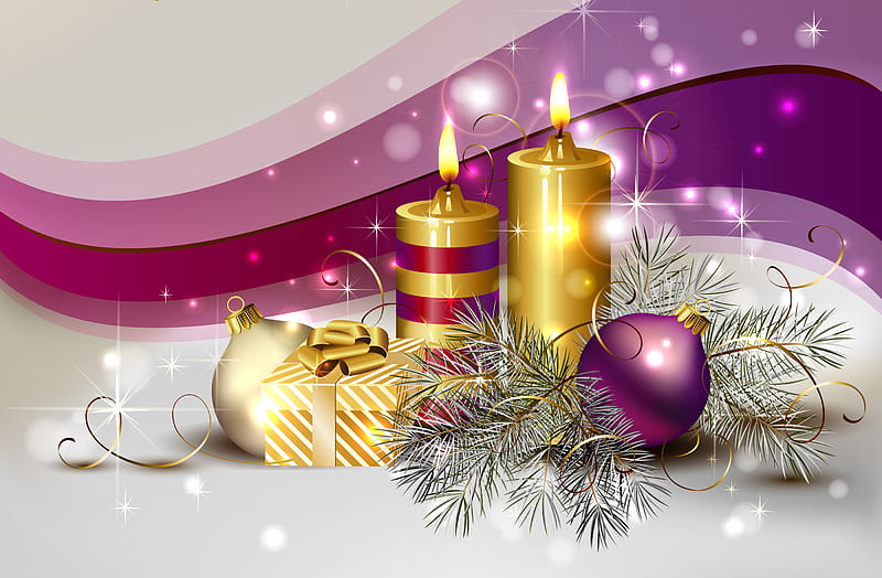 Magic Christmas, pretty, box, bonito, ball, nice, gold, beauty, pink, candle, lovely, holiday, christmas, ribbon, golden, decoration, colors, soft, new year, happy new year, delicate, gift, elegantly, winter, candles, cool, purple, merry christmas, balls, HD wallpaper