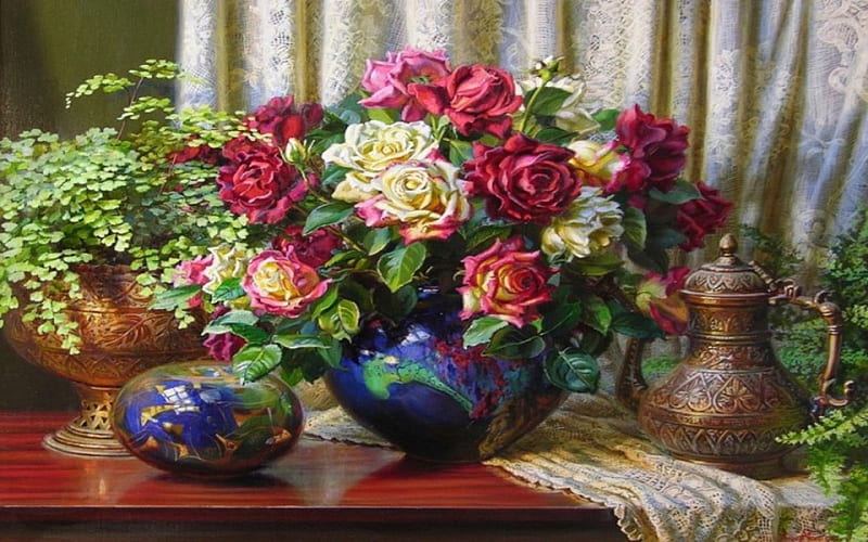 flowery pot, painting, flowery, pot, life, HD wallpaper