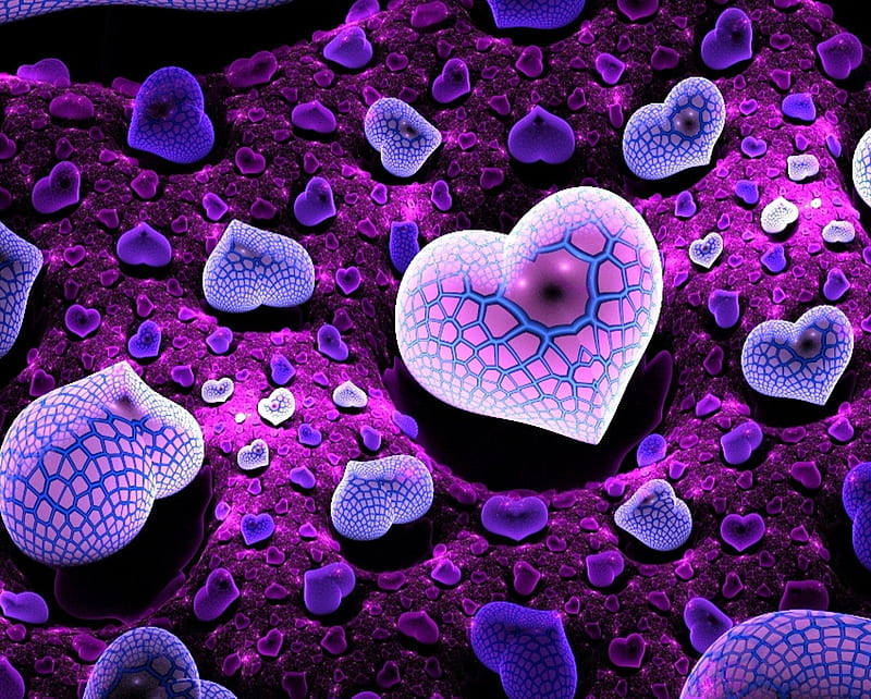 corazones, 3d, abstract, blue, digital, fractal, heart, purple, HD wallpaper