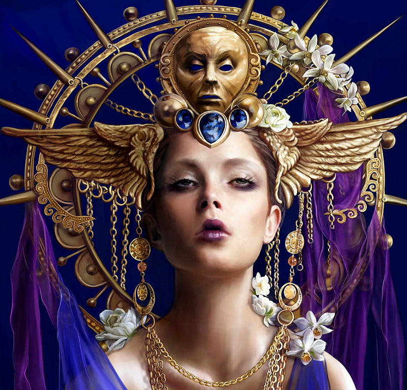 Revelation, fantasy, gold, jewlery, flowers, face, gemstones, woman, HD wallpaper