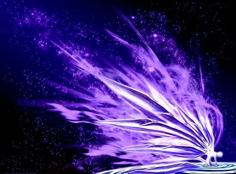 Fantasy Angel, stars, wings, purple, angel, spredding, winged, abstract, sky, HD wallpaper