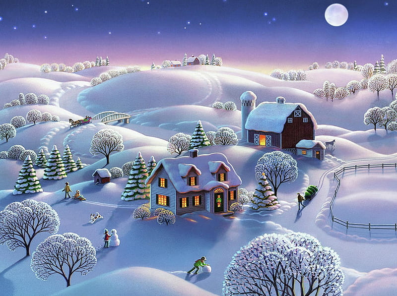winter wonderland, art, paintings, snow, white, winter, HD wallpaper