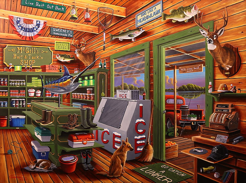 McGill's Bait and Tackle Shop, car, cash register, ice, cabin, dogs, shoes, lake, fish, artwork, painting, HD wallpaper