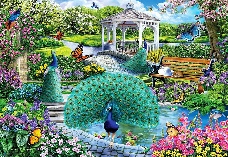 Garden Treasures, flowers, peacock, pond, painting, plants, gazebo, HD wallpaper