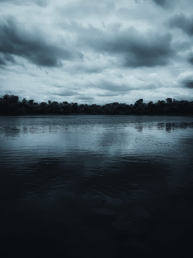 Lake, blue, clouds, dark, evening, moody, HD phone wallpaper