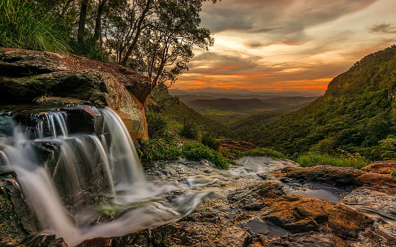 Moran's Falls, Lamington Nat'l. Park, Australia, australia, waterfall, sunset, nature, HD wallpaper